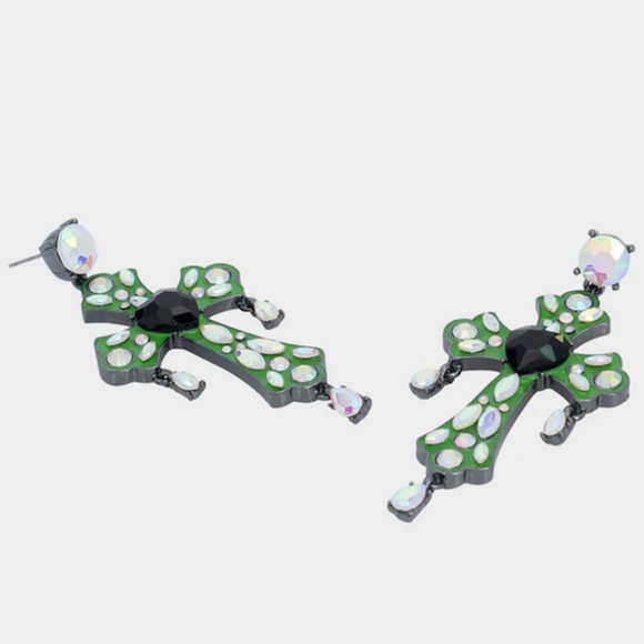 NWT Betsey Johnson Ghoul Friends Stone Cross Drop Earrings Glow in the Dark - Picture 5 of 6